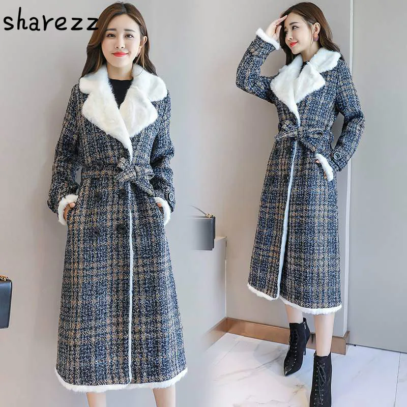 

2019 Winter Wool Coat for Women Thick Warm Jacket Female Long Hepburn Wind Coat Korean Plaid Double Breasted Wool Coat Women