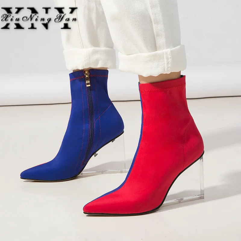 

Xiuningyan Mixed Color Ankle Boots for Women Pointed Toe Fashion Cowboy Runway Boots Women Transparent High Heel Wedge Pumps