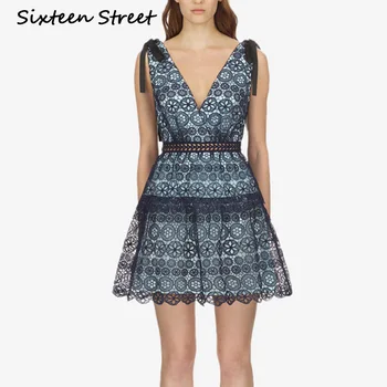 

V-neck Blue Lace Dress Woman Hollow Out Spaghetti Strap Sleeveless Mini Dress Female Party Runway Design Self Vestido Ladies
