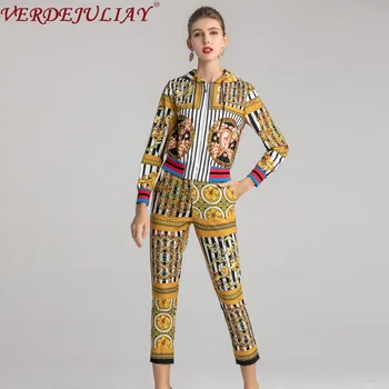 

VERDEJULIAY Vintage Twinsets 2020 Spring Autumn New Designer With Hat Top+Pencil Full Length Pants Strip Yellow Print Sets