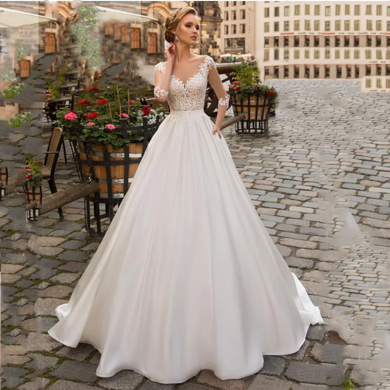 

Eightale Simple Wedding Dresses with Sleeves Custom Made Wedding Gowns Appliques A-Line Backless Bride Dresses vestido novia