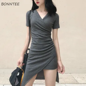 

Dress Women V-Neck Irregular Slim High Waist Short Sleeve Fashion Korean Style Vintage Womens Streetwear Sexy Casual Chic Trendy