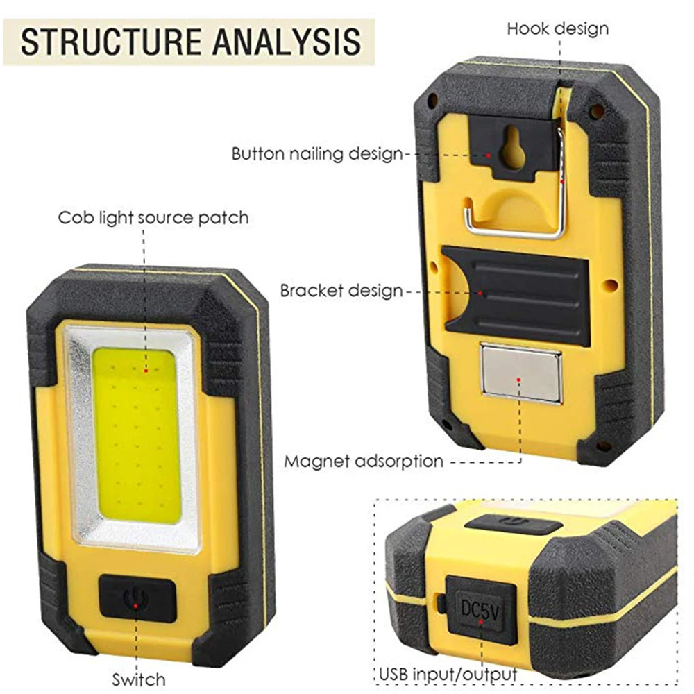 COB Work Light Portable LED Flashlight USB Rechargeable Adjustable Waterproof Camping Lantern Magnet hook with output