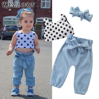 

Keelorn Baby Girls Clothes 2020 New Summer Polka Dot Tops and Blue Pants Costumes Kids Clothing Set with Headband 3pcs Suits