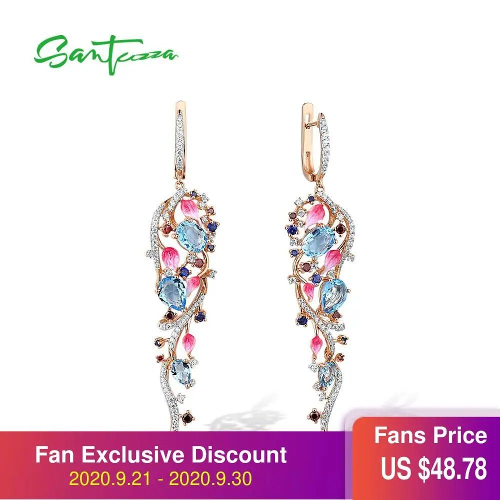 

SANTUZZA Silver Earrings For Women 925 Sterling Silver Pink Leaves Shiny Color Stones Drop Earrings Fine Jewelry Handmade Enamel
