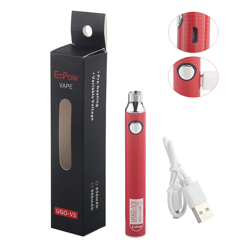 Красный 1 шт. UGO V3 510 аккумулятор с переменным напряжением микро USB перезаряжаемое эго Vape 650 900 мАч Evod VV ручка для подогрева - Цвет: Красный