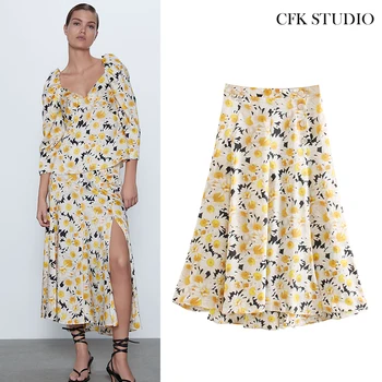 

ZA Women Chiffon Midi Skirt with High Waist Floral Printed Button Elegant Skirt Femme Summer Bohemian Holiday Yellow Midi Skirt