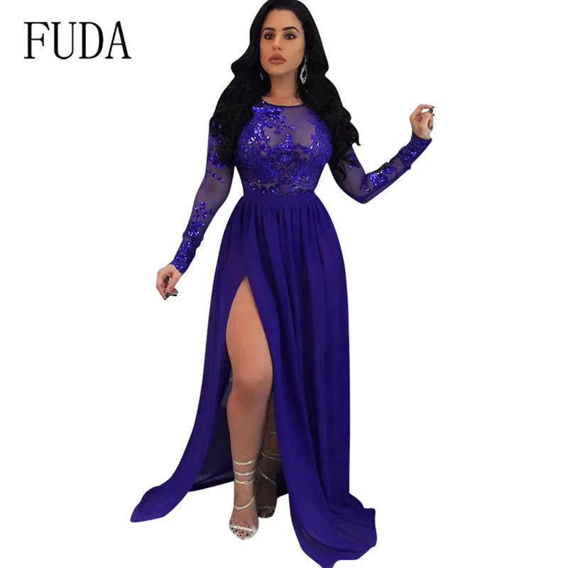

FUDA Lace Patchwork Hollow Out Backless Dresses Women Elegant Sequins Perspective Lace Long High Split Breathable Party Dress