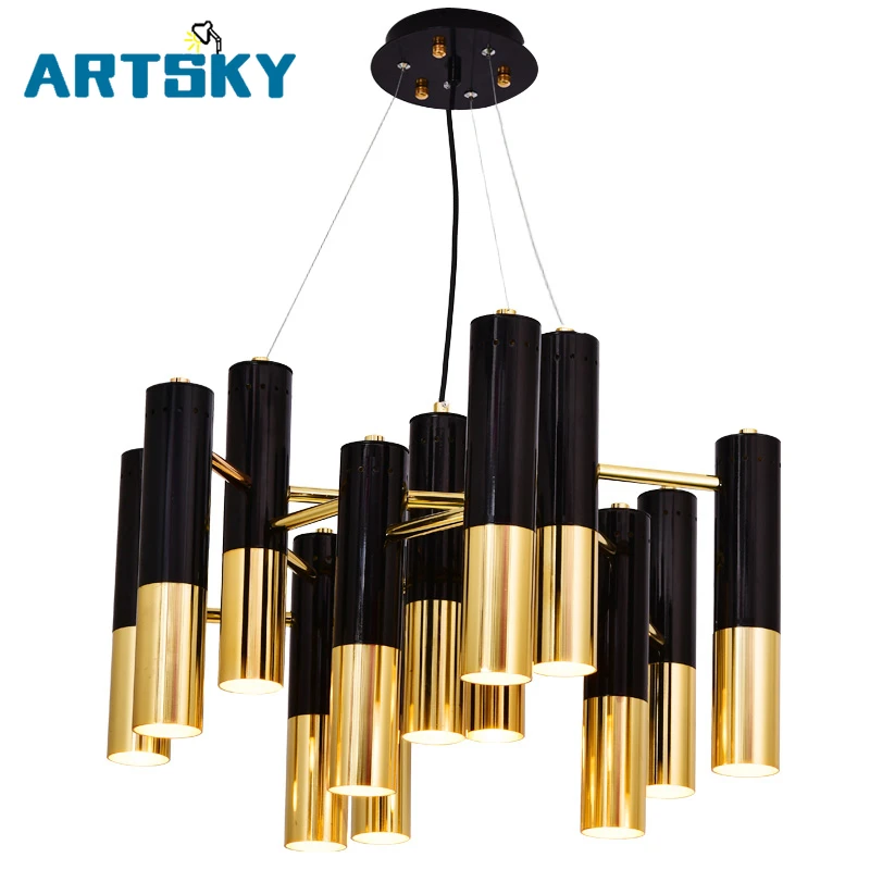 

Modern Black Gold Tubular Bedroom Kitchen LED Metal Chandelier