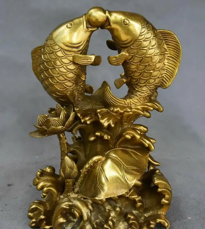 10&quot China Pure Bronze Wealth Fish Barracuda Fishes Bead Lotus Flower Statue | Дом и сад