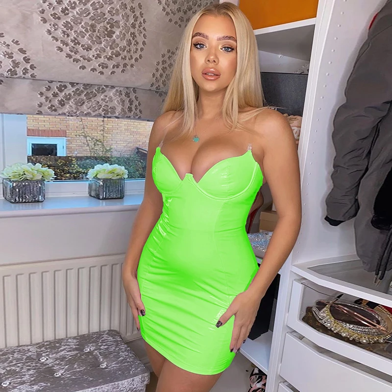 Colysmo PU Leather Party Dress Women Neon Pink Backless Club Sexy Transparent Straps Padded Low Cut Mini Dresses Vestidos | Женская