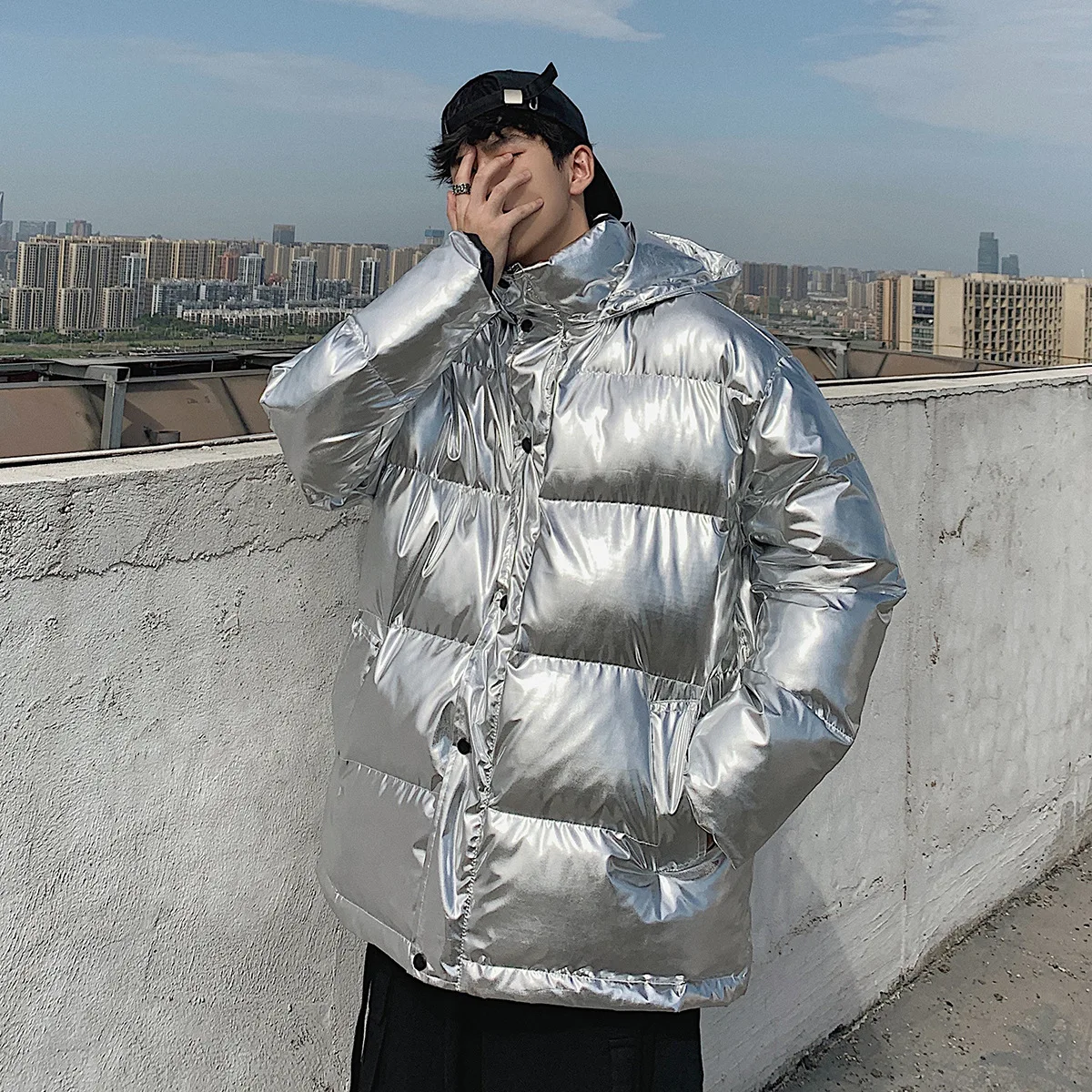 Cotton-padded Jacket New Style Men's Silver Bright Surface Hooded Cotton Coat Men's Popular Brand INS Northeast Cold Nation