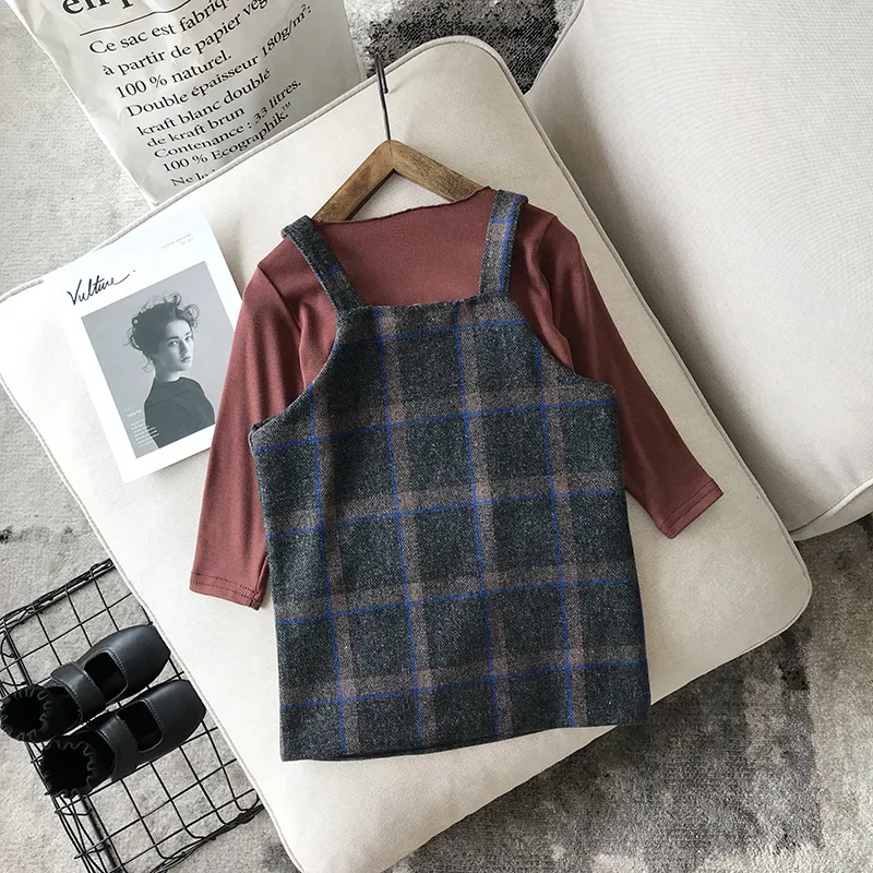 Повседневные платья в клетку для девочек; комплект с футболкой; vestido infantil; комплект с платьем для малышей; осеннее модное платье на бретелях с принтом для девочек; комплекты из двух предметов