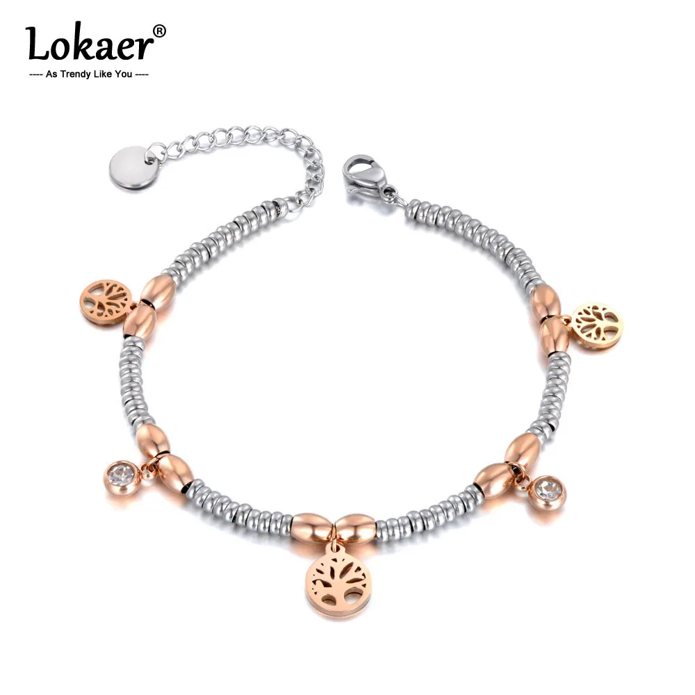 Lokaer модные браслеты из нержавеющей стали CZ Кристалл и дерево шарм для женщин девушек цепь из розового золота и ювелирные изделия с бриллиантами B19107