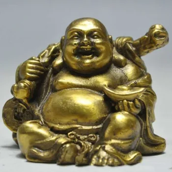 

Elaborado budismo chino latón feliz sonriente Maitreya Buda que sostiene el dinero estatua favorable