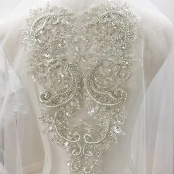

LASUI 2019 Exquisite retro 20*37 cmsilver thread 3D beaded sequins lace applique High-order wedding dress veil DIY accessories