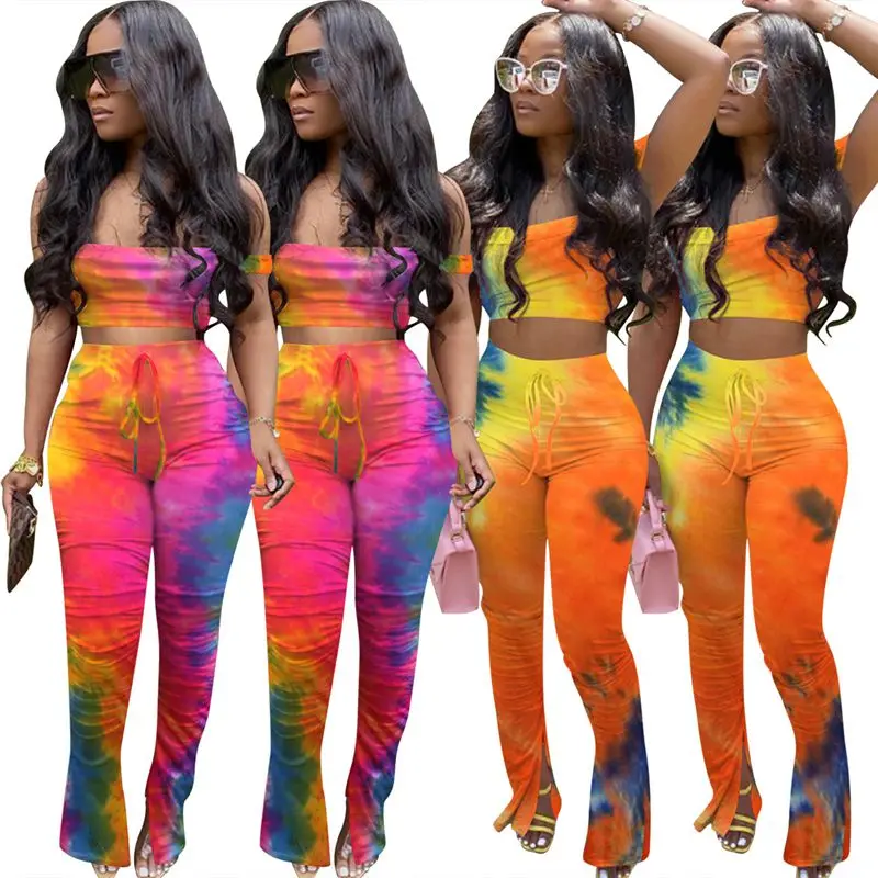 ZKYZWX Gradient Print Bodycon 2 Piece Set Women Off Shoulder Crop Top Flare Split Pant Fitness
