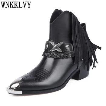 

Chunky mid heel fringe short boots women metal pointed toe belt buckle decor leather ankle boots female western cowboy boots