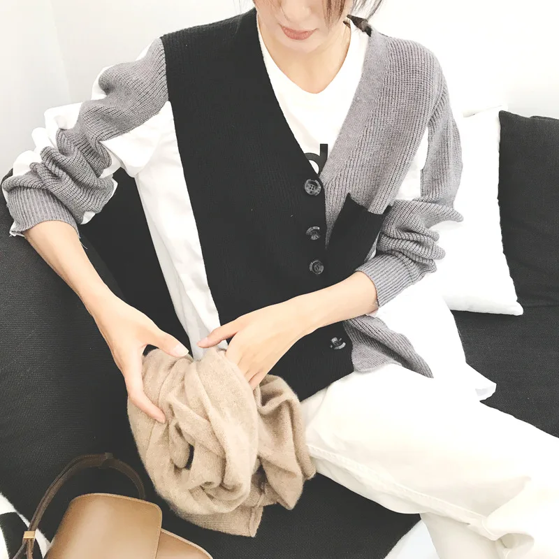 

2019 Autumn And Winter New Style South Korea Knitted Loose And Plus-sized WOMEN'S Dress V-neck Joint Sweater Cardigan Thin Coat