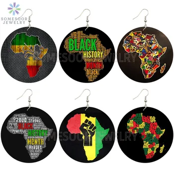 

SOMESOOR Black History Month African Map Desgin Wooden Drop Earrings Afro Faith Power Fist Painted Wood Jewelry For Women Gifts