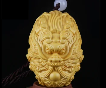 

2.4" Chinese Box-wood Hand Carved Zodiac Animal Dragon Rui Beast Amulet Pendant