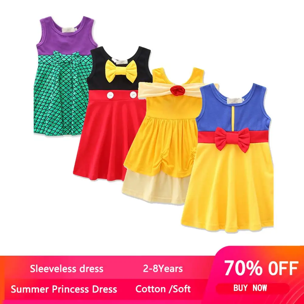 New Baby Girls Summer Casual Clothing Minnie Mulan Wonder Woman Snow White Rapunzel Tinker Bell Princess Dresses 2-7y | Детская одежда