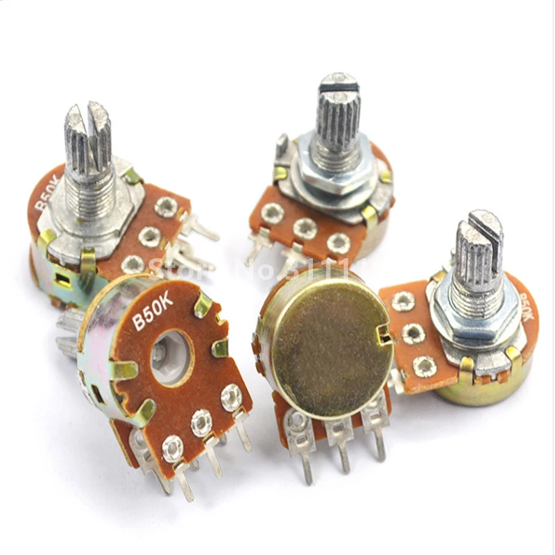 5PCS/LOT B50K 50K OHM WH148 6Pin Linear Dual Rotary Potentiometer Pots Shaft 20MM With Nuts And Shim