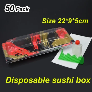 

[50pcs]Sushi box plastic oblong packing box with green fast food box tray..