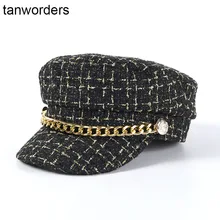 Осенняя и зимняя новая шапка женская маленький аромат ветряная твидовая шапка женская дикая цепочка Плоская верхняя Военная Кепка