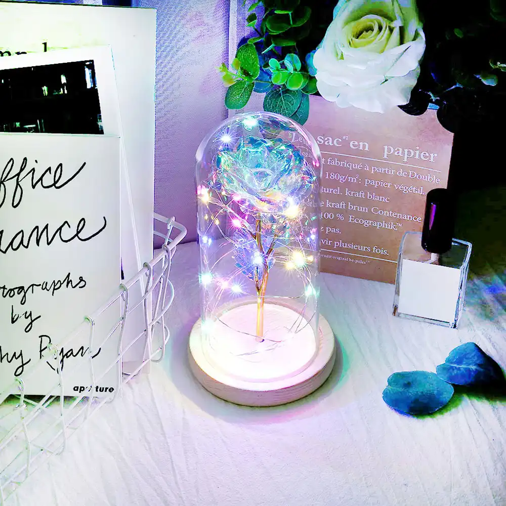 フラスコで1pc色金箔ローズ点滅花ガラスドームためバレンタインデープレゼント妻ガラスドーム美女と野獣 造花 ドライフラワー Aliexpress