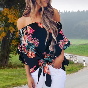 

Women Summer Blouses Sexy Off Shoulder Floral Printing Female Shirts Casual Loose Lace Up Plus Size Ladies Woman Tops Blouse