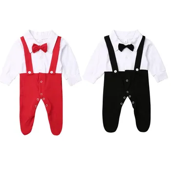 

0-12M Fashion Infant Baby Boy Clothes Cotton Kids Party Formal Bow Long Sleeve Foot Cover Romper Autumn Winter Jumpsuit Outfits