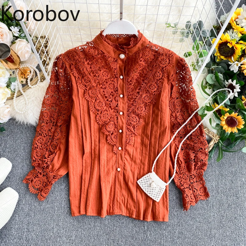 Korobov женская элегантная Кружевная блуза с вырезами, Корейская однотонная блуза с пышными рукавами и жемчугом, однобортная блуза Mujer Blusas 79365