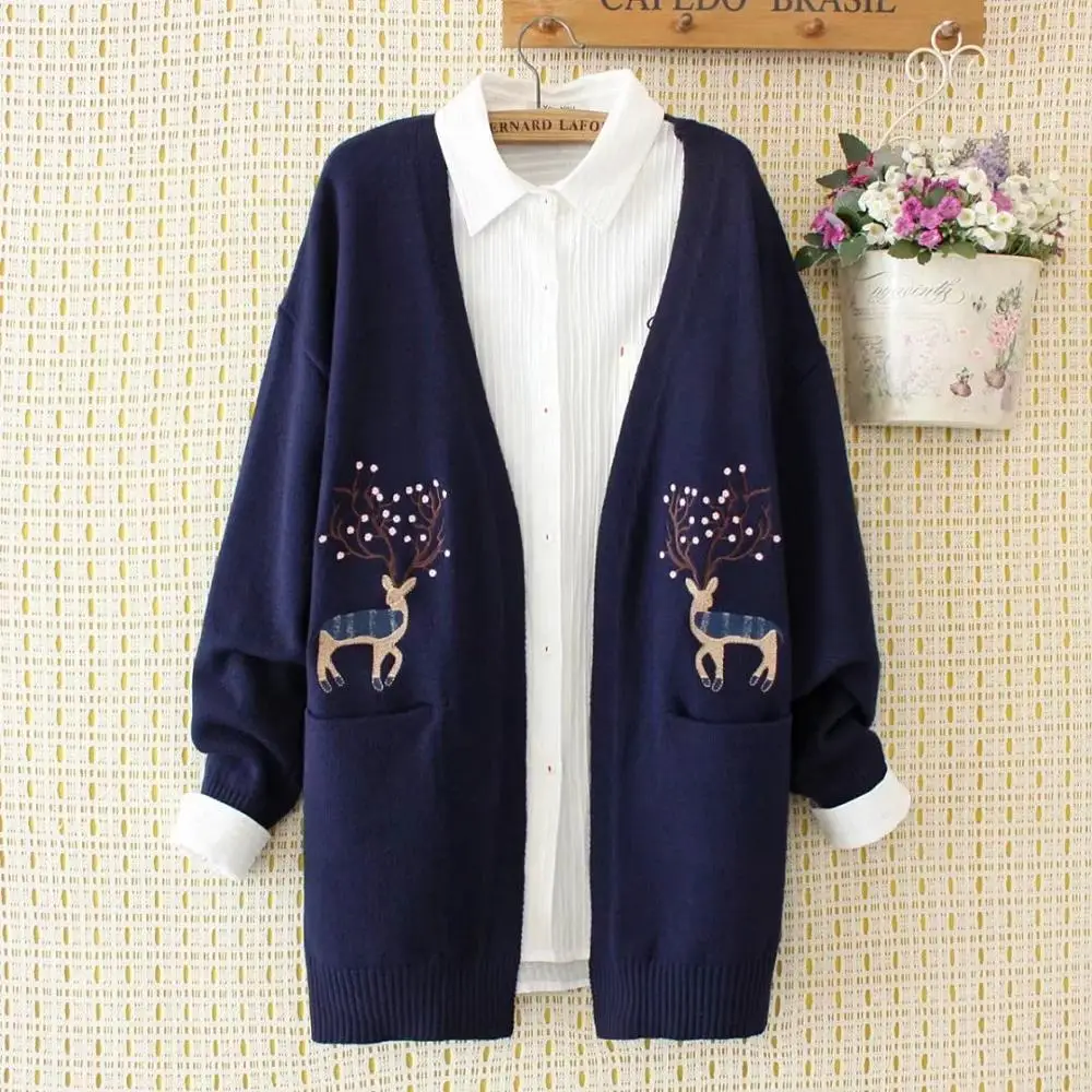 navy blue Женские свитера с двумя карманами, Повседневный Кардиган с вышивкой оленя, свитер, куртка, пальто - Цвет: navy blue