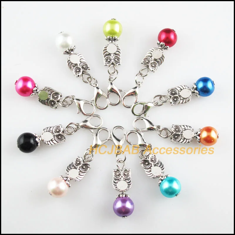 

10 New Owl 8x19mm Charms Mixed Ball Glass Tibetan Silver Plated Retro With Lobster Claw Clasps