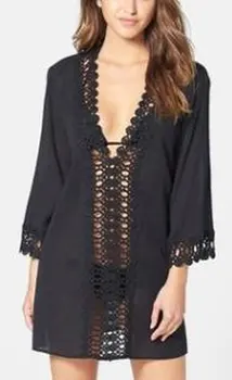

Women Floral Lace Hollow Out Sexy V-neck 3/4 Sleeve Bikini Cover Beach Bikini Cover-ups Dress Swimsuits Wrap Skirt