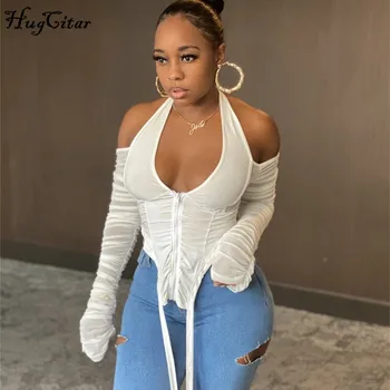 

Hugcitar 2020 Long Stacked Sleeve Halter Zipper Patchwork Sexy Crop Top Autumn Winter Women Fashion Streetwear Tshitrs Club Tees