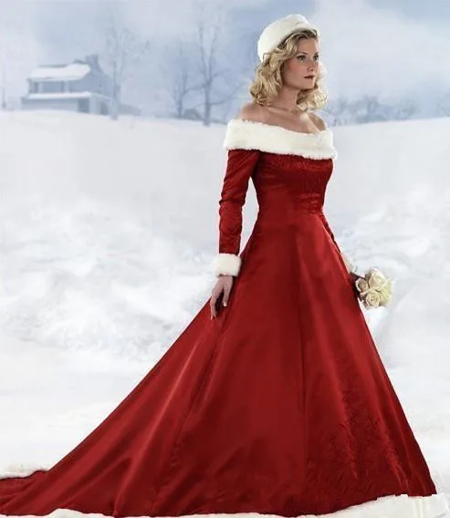 Lange Mouwen Rode Kerst Jurken Hot Nieuwe Winter Bont Warm A-lijn Wedding Bruid Jurken Off-schouder Satin Floor- lengte