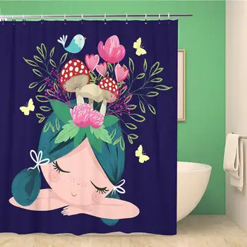 

Bathroom Shower Curtain Cute Girl with Flowers Illustration for School Books and More Polyester Fabric 72x78 inches Waterproof