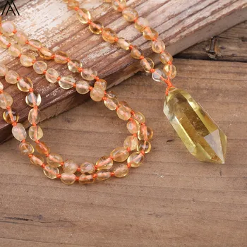 

Natural Citrines Quartz Double Pount Pendant Smoky Citrines Quartz Chip Beads Knotted Handmade Necklace Fashion Women Jewelry