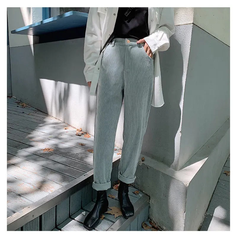 

HziriP Hot 2019 Corduroy Casual Fashion Korea Chic Solid Straight Texture High Waist Loose Solid Women Straight Pants Large Size