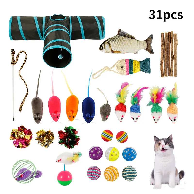 31 шт. набор игрушек для кошек 3 пути туннель интерактивный перо кошачья кошка жевать палочки мыши шары и колокольчик Забавные игрушки продукт для домашних животных