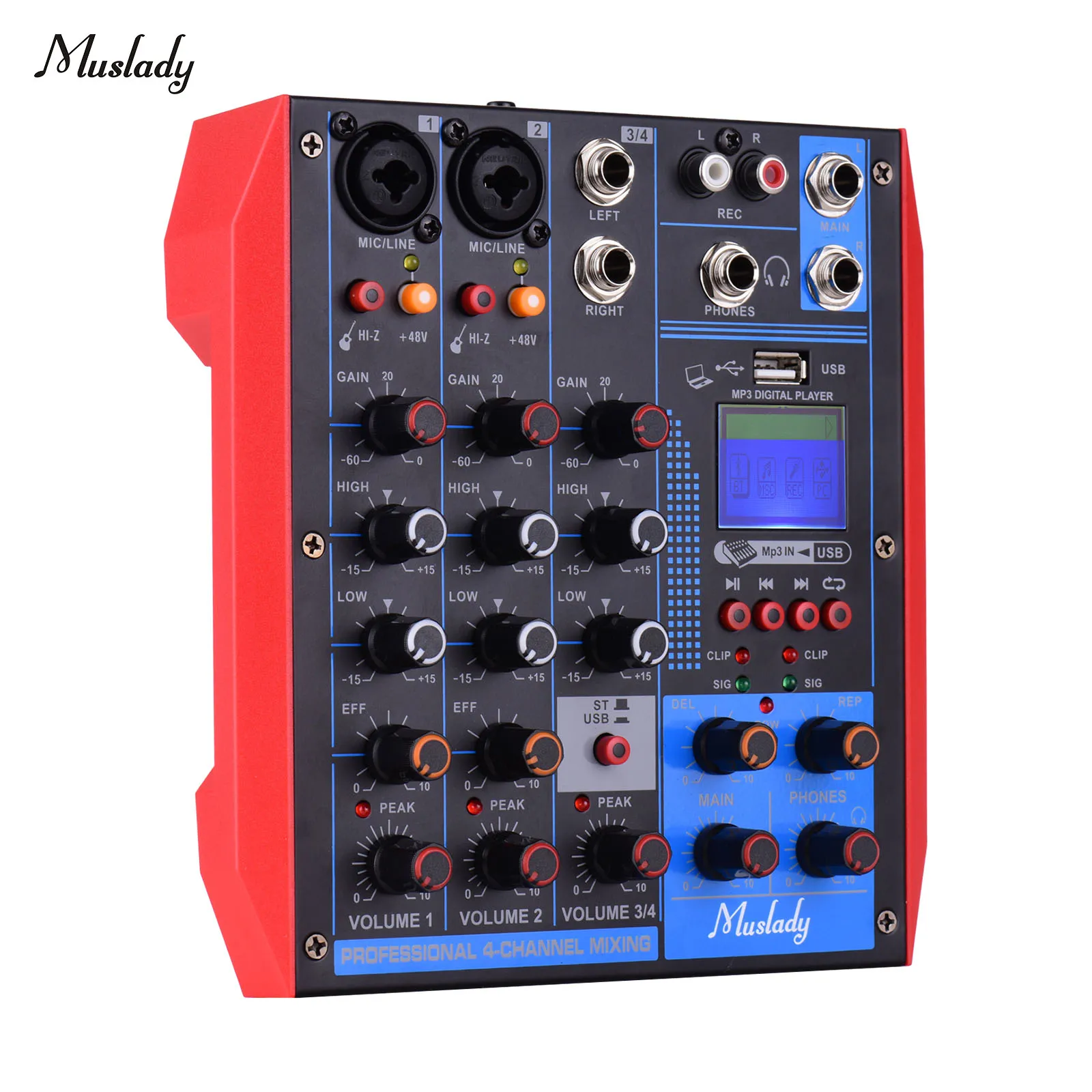 Muslady 4-канальный микшерный пульт Цифровой аудио смеситель + 48V Phantom Мощность