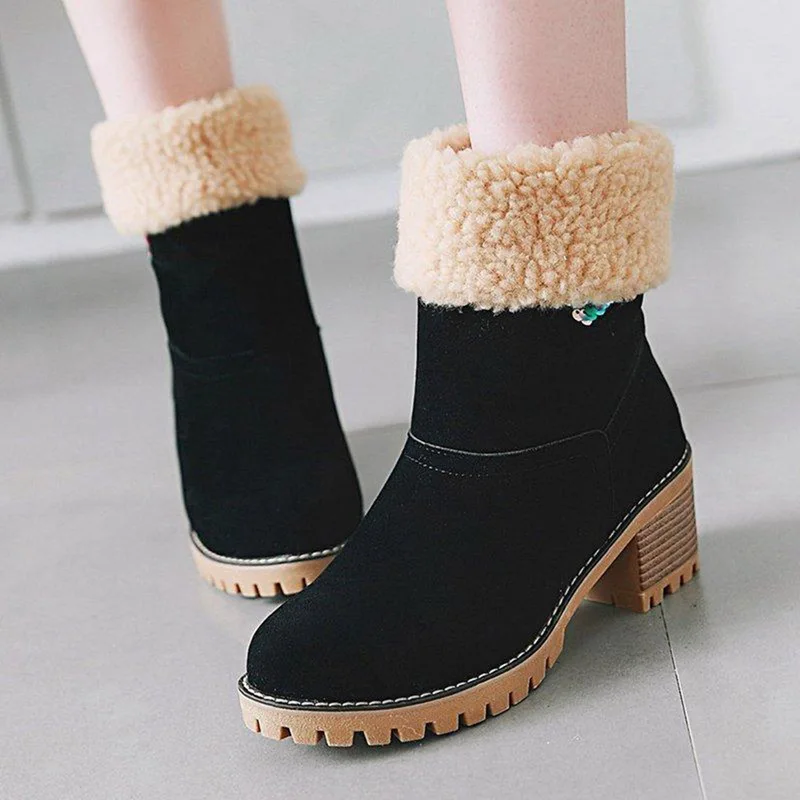 

WENYUJH Plus Size 35-43 Sweet Female Women Suede Winter Snow boots Warm Cotton-padded Shoes Mid Heels Footwear Plush Boots Lady