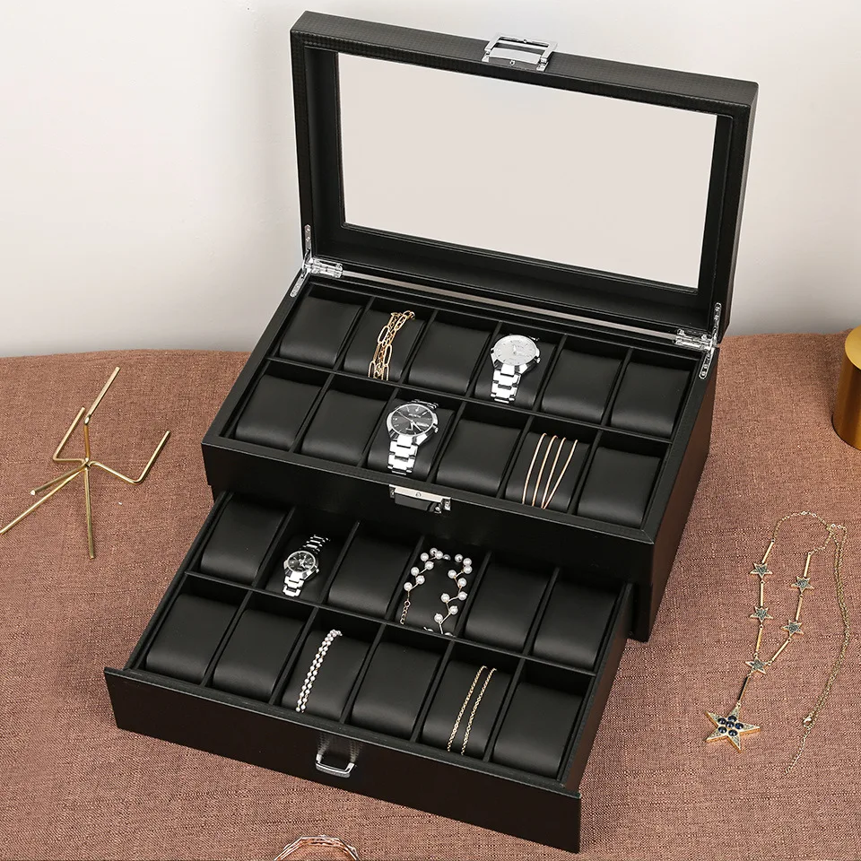 

24 Digit Watch Box Carbon Fiber Case PU Wooden Display Watches Organizer Black Cabinet Double Layer Jewelry Storage Boxes