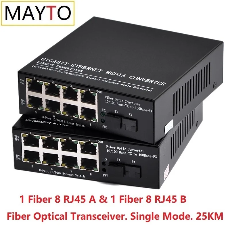 1 pair 100M 1 Fiber port Optical Media Converter Single Mode 25KM 8 RJ45 Ports Fibre Optical Transceiver video fiber transceiver 3g sdi xlr audio over fiber converter