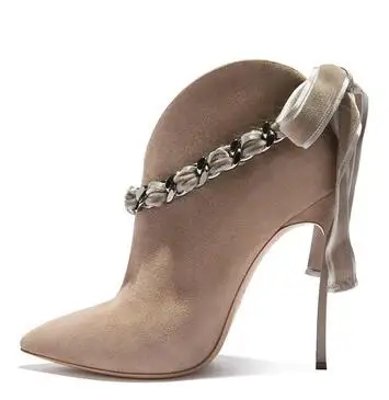 12 cm heel Черные, бежевые, розовые, бордовые, матовые, острый носок, ремень с цепочкой, металлическая шпилька, бант, большая бабочка, v-образная форма, ботильоны на высоком каблуке - Цвет: 12 cm heel