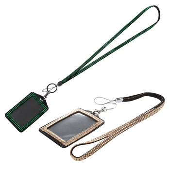 

2 Pcs Rhinestone Bling Crystal Custom Lanyard Vertical ID Badge Holder - Champagne & Dark Green