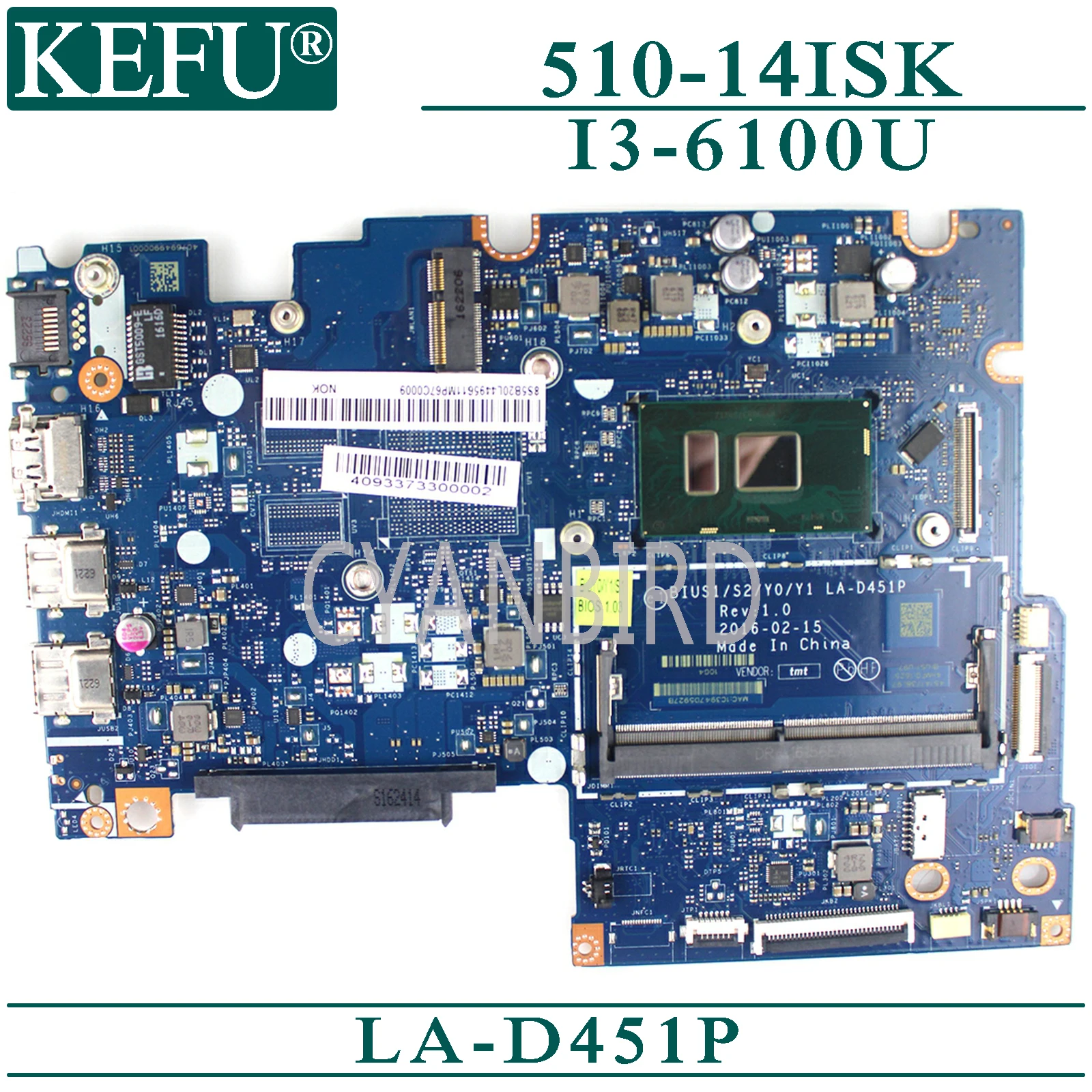 

KEFU LA-D451P original mainboard for Lenovo YOGA 510-14ISK Flex4-1470 with I3-6100U Laptop motherboard