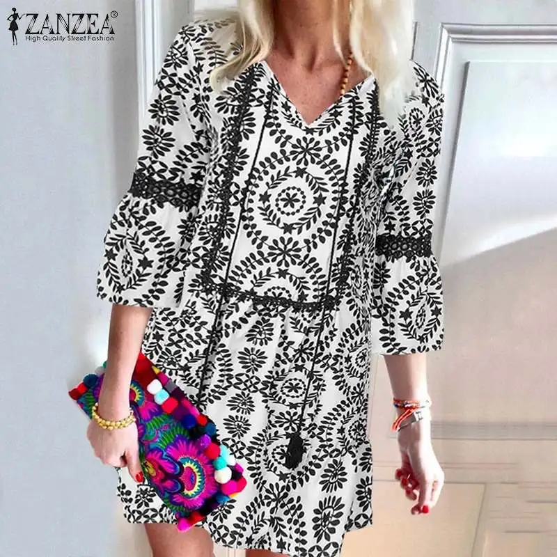 Женское сексуальное мини-платье ZANZEA женское s короткое Vestidos богемное длинное платье-туника с принтом Платья женские вечерние пляжные сарафаны